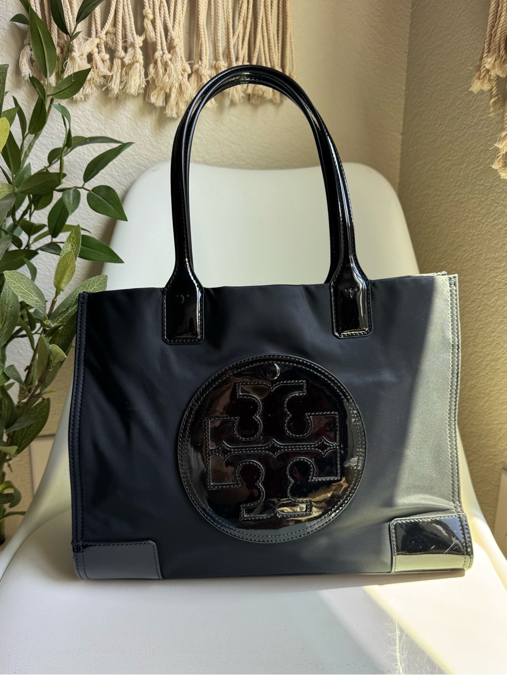 Tory Burch Ella Large Black Nylon Patent Logo Tote Bag Work Laptop Travel